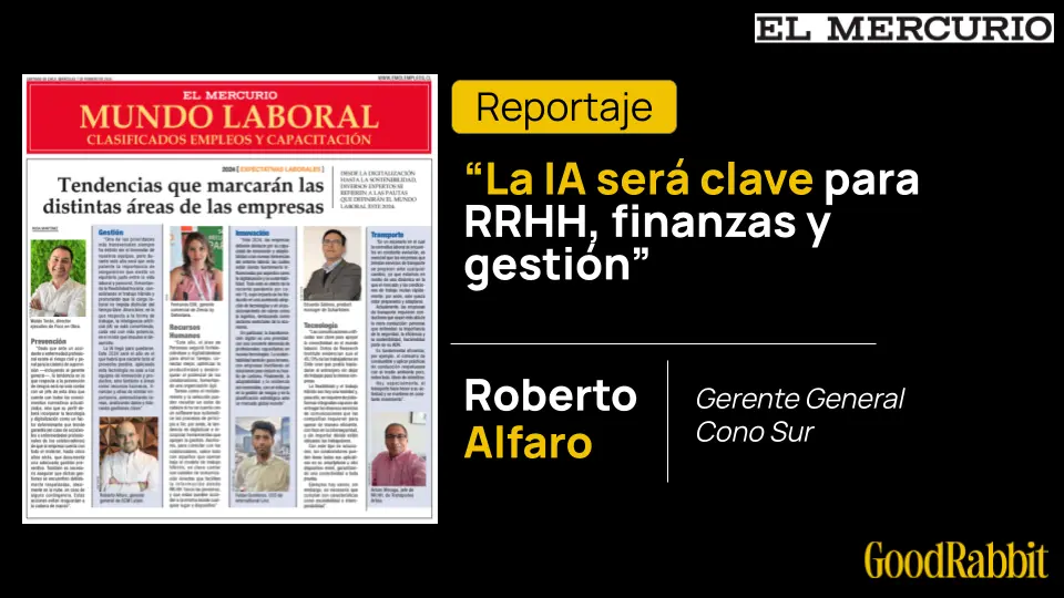 Recorte de prensa de Roberto Alfaro en El Mercurio sobre el impacto de la IA en la gestión empresarial.